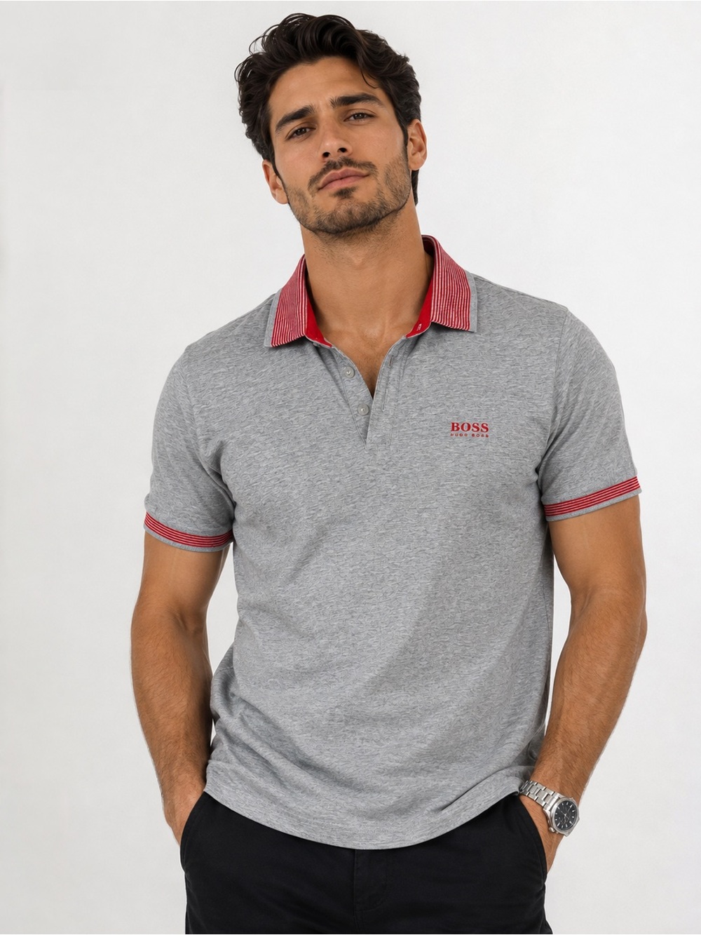 Hugo Boss Paddy Regular Fit Polo Shirt in Grey Melange with Contrast Red Details
